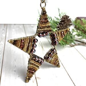 Set of 2 Golden Brown Glass Bead Star Christmas Ornaments Midwest Seasons NWT